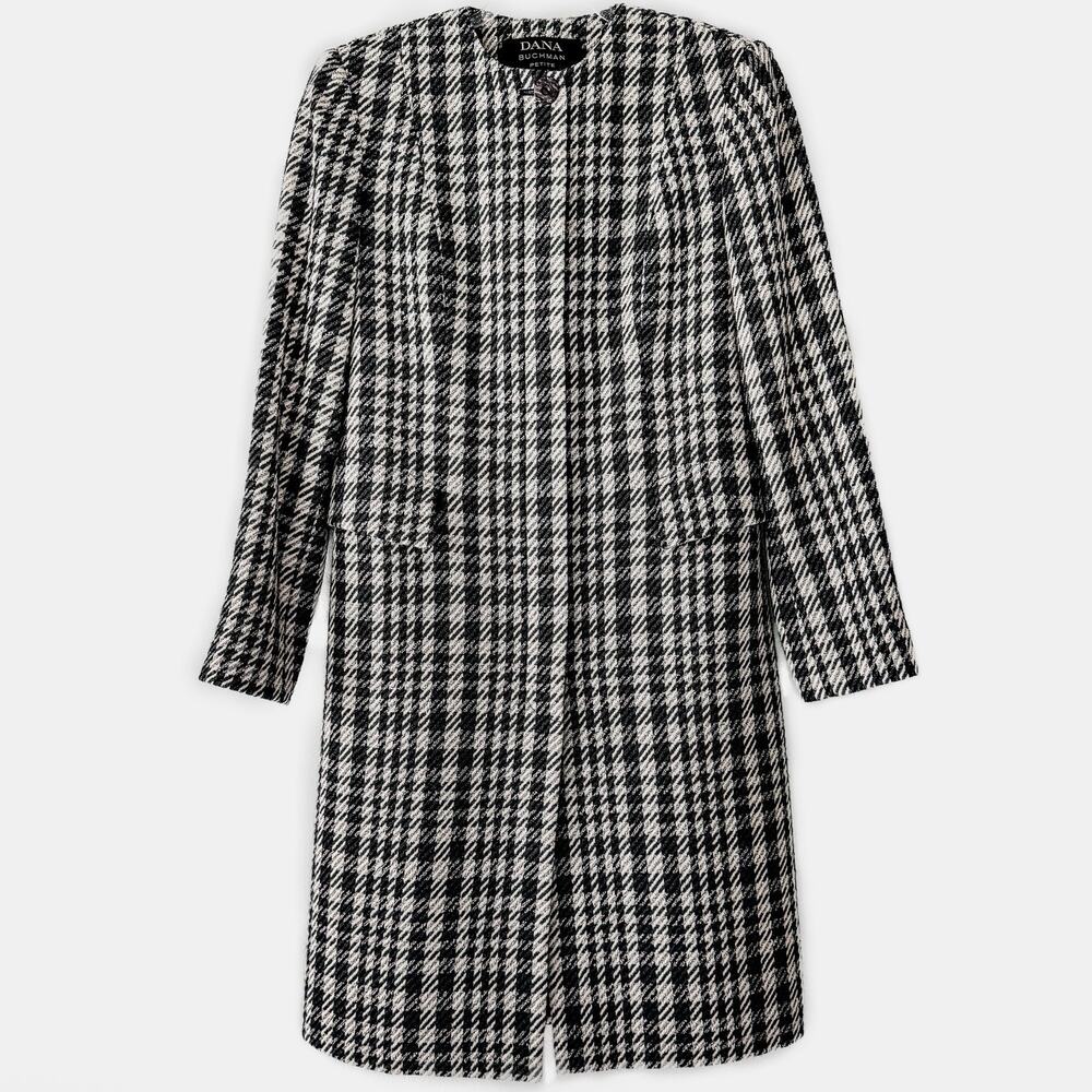 Vintage 90s Dana Buchman Wool Coat Houndstooth Designer Long Jacket Petite NWOT - Picture 1 of 15